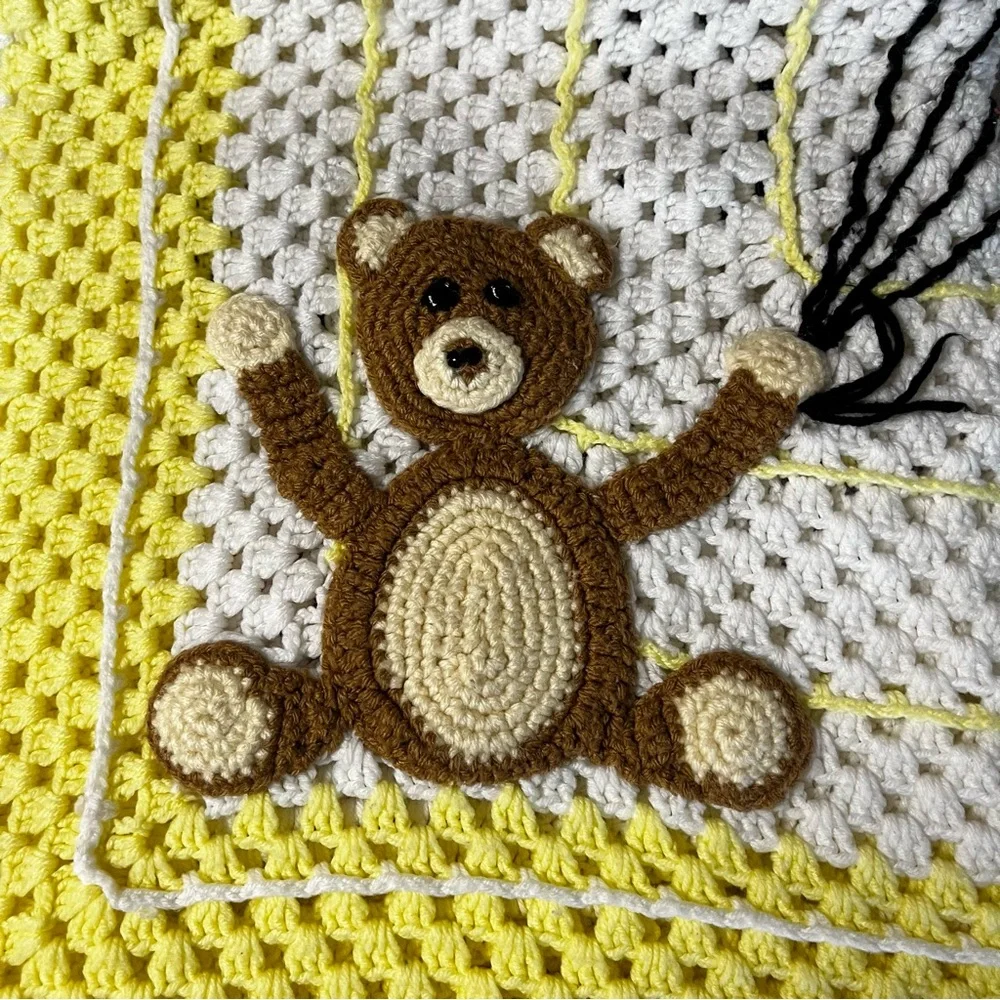 VTG Handmade Crochet Granny Square Teddy Bear and Balloons Baby Blanket Afghan